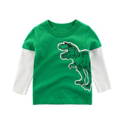 Kids’ long sleeve t-shirt with dinosaur graphic, green and white