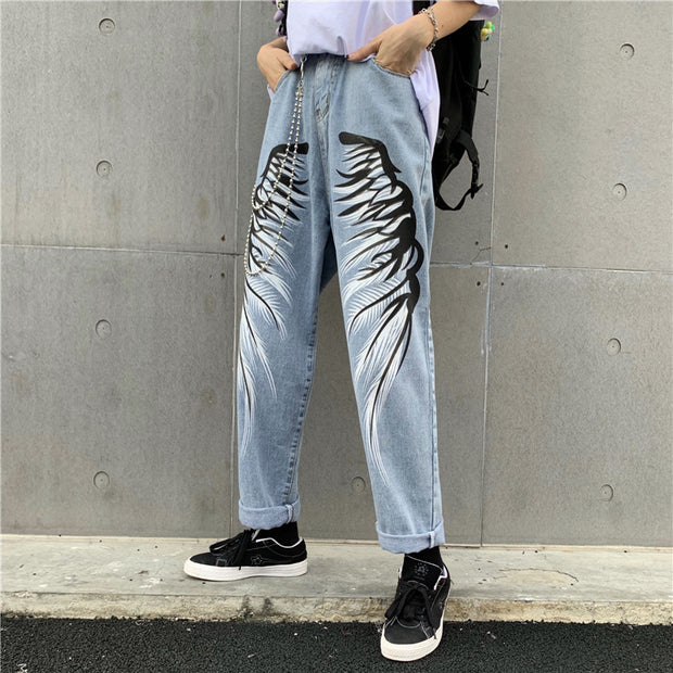 Men’s graphic printed wide-leg jeans in blue, bold streetwear style