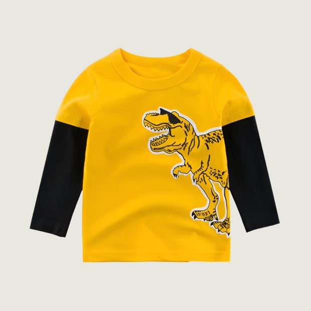 Kids’ long sleeve t-shirt with dinosaur graphic, yellow and black