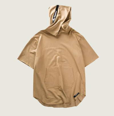 Men’s oversized hooded t-shirt in khaki, hip hop streetwear style.