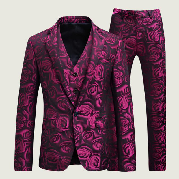 Men's floral print suit in rose red, bold formal attire for special occasions.