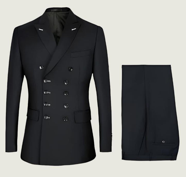 Men’s double-breasted black business suit with matching trousers, ideal for formal and professional settings.