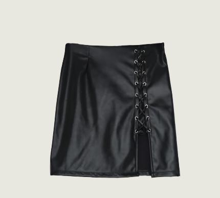 Women’s black lace-up faux leather mini skirt with edgy design.