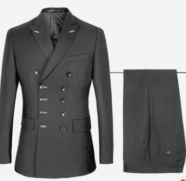 Men’s double-breasted grey business suit with matching trousers, ideal for formal and professional settings.