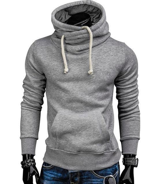 Men’s grey cowl neck drawstring hoodie.