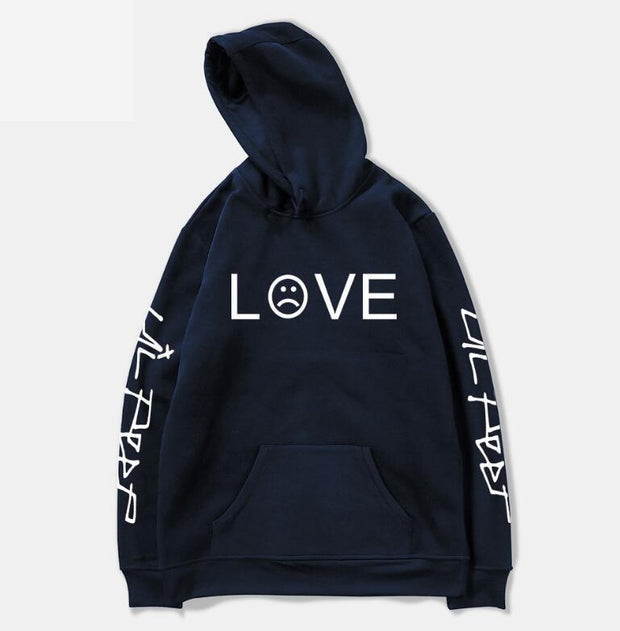 Men’s LOVE graphic hoodie in navy with sleeve details, streetwear style