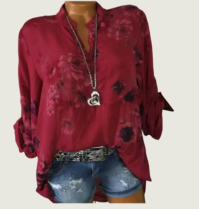 Women’s floral print stand collar blouse in red, loose fit, plus size.