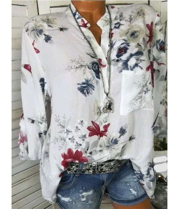 Women’s floral print stand collar blouse in white, loose fit, plus size.