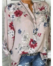 Women’s floral print stand collar blouse in pink, loose fit, plus size.