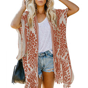 Bali beach resort kimono cardigan in red with boho print and pom-pom detailing