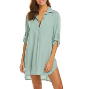 Women’s deep V-neck beach cover-up in light green, lightweight and flowy.