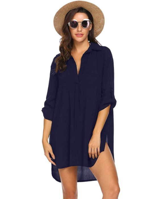 Women’s deep V-neck beach cover-up in navy, lightweight and flowy.