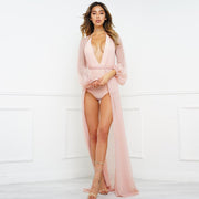 Women’s sheer maxi beach cover-up in pink, elegant and flowy design