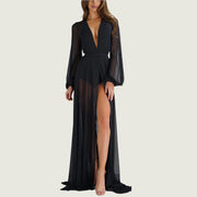 Women’s sheer maxi beach cover-up in black, elegant and flowy design