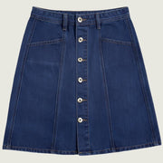 Women’s high-waist buttoned denim A-line skirt in blue, perfect for summer.