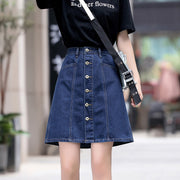 Women’s high-waist buttoned denim A-line skirt in blue, perfect for summer.