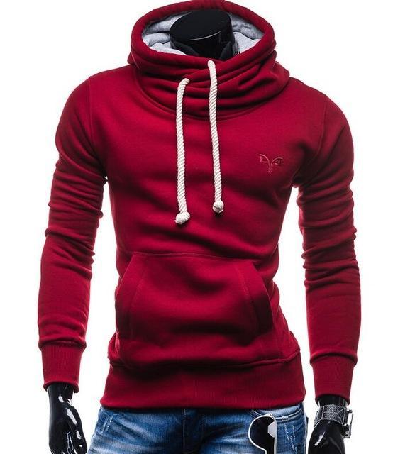 Men’s red cowl neck drawstring hoodie.