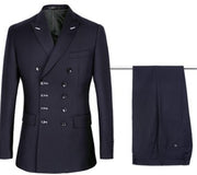 Men’s double-breasted navy business suit with matching trousers, ideal for formal and professional settings.