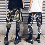 Men’s camo jogger pants with strap details, urban streetwear.