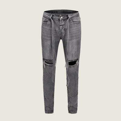 Men’s distressed grey ripped jeans, modern casual style.