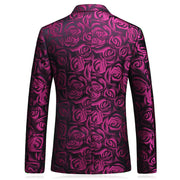 Men's floral print suit in rose red, bold formal attire for special occasions.