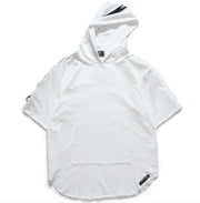 Men’s oversized hooded t-shirt in white, hip hop streetwear style.