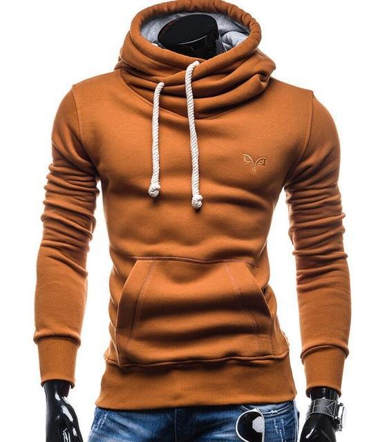 Men’s khaki cowl neck drawstring hoodie.