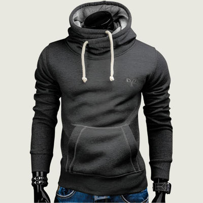 Men’s dark grey cowl neck drawstring hoodie.