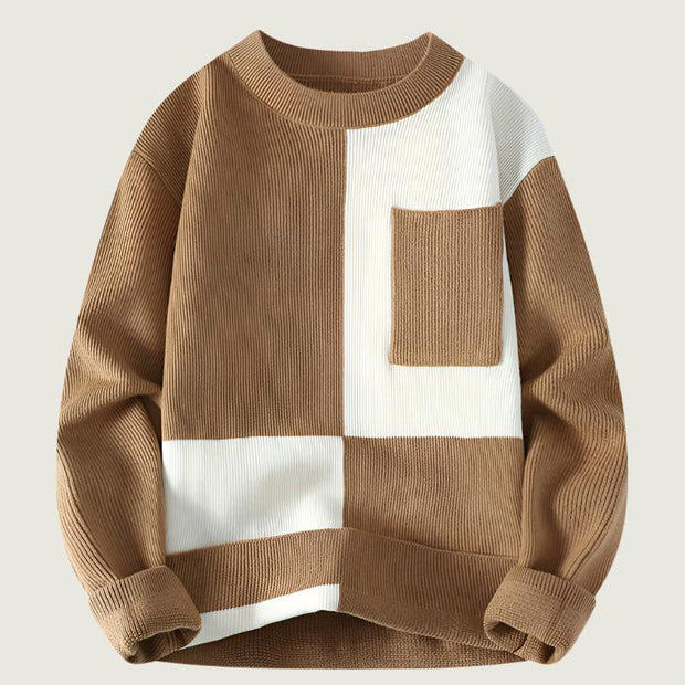 Men’s color block knit sweater in brown, perfect for casual style.