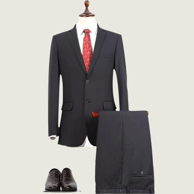 Men’s classic fit wedding tuxedo set in navy blue with matching jacket, trousers, and vest