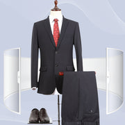 Men’s classic fit wedding tuxedo set in navy blue with matching jacket, trousers, and vest