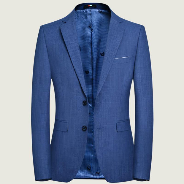 Men’s casual slim fit blue suit with single-breasted blazer, perfect for modern style.