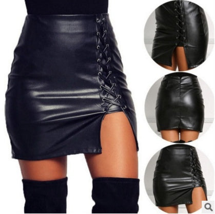 Women’s black lace-up faux leather mini skirt with edgy design.