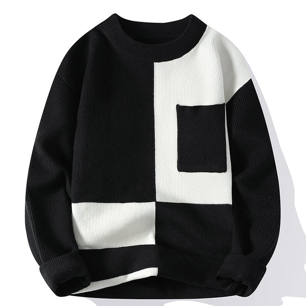 Men’s color block knit sweater in black, perfect for casual style.