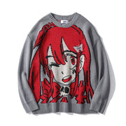 Anime graphic unisex pullover sweater in grey with bold red design.