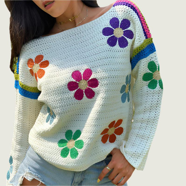 Floral knit loose sweater with colorful flower design in beige apricot