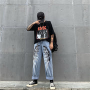 Men’s graphic printed wide-leg jeans in blue, bold streetwear style