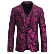 Men's floral print suit in rose red, bold formal attire for special occasions.