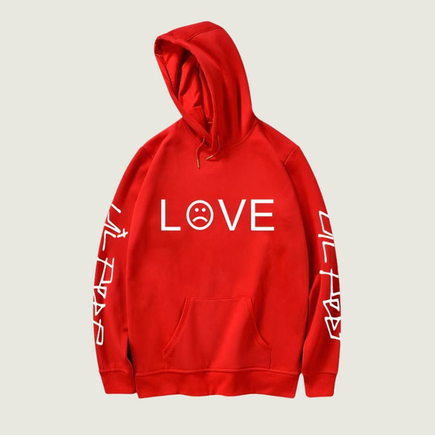 Men’s LOVE graphic hoodie in red with sleeve details, streetwear style