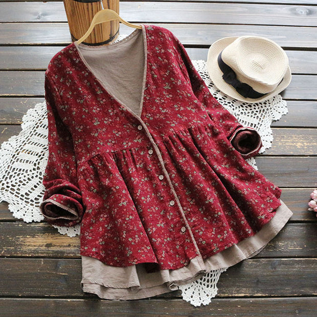 Women’s floral V-neck long-sleeve blouse in red, elegant and loose fit.