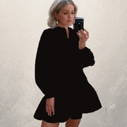 Women’s long sleeve blouse dress with lapel collar in black, elegant and flowy.