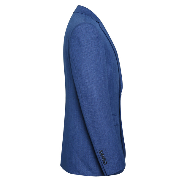 Men’s casual slim fit blue suit with single-breasted blazer, perfect for modern style.