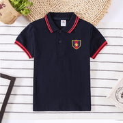 Boys’ polo t-shirt in navy with embroidered patch, classic casual style