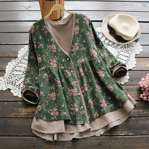 Women’s floral V-neck long-sleeve blouse in green, elegant and loose fit.