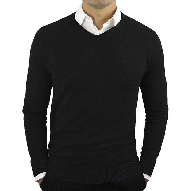 Men’s classic V-neck long-sleeve sweater in black, perfect for layering