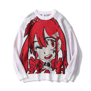 Anime graphic unisex pullover sweater in white with bold red design.